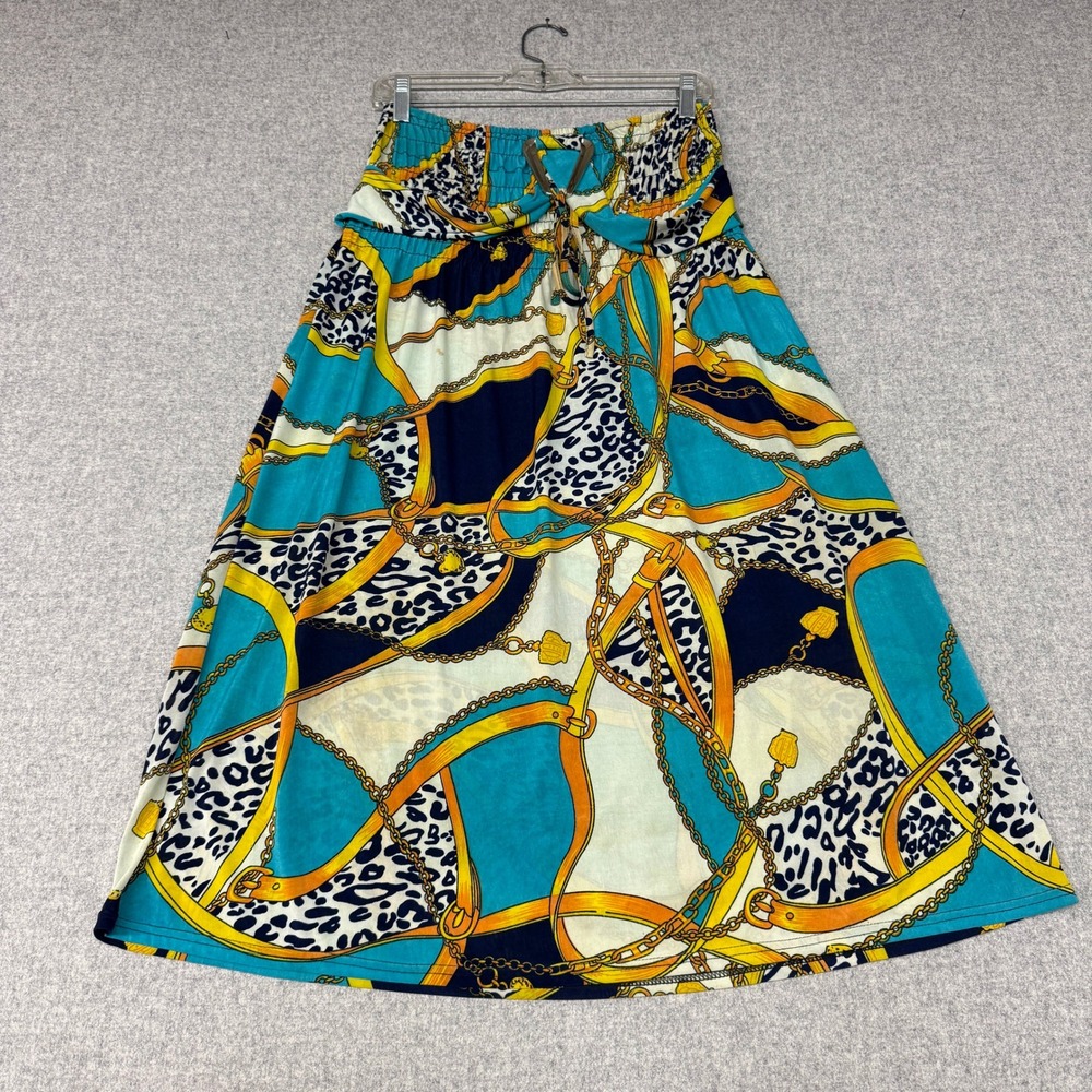 Ace Fashion Maxi Skirt XXL Teal Yellow Chain Leopard Print Smocked Waist 1335